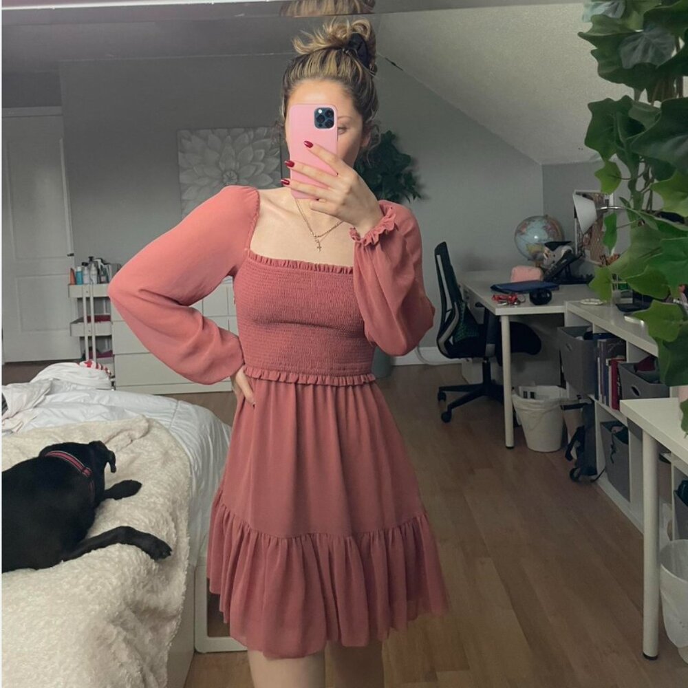 Aritzia Tempest Long Sleeve Smocked Chiffon Mini Dress  - Size M